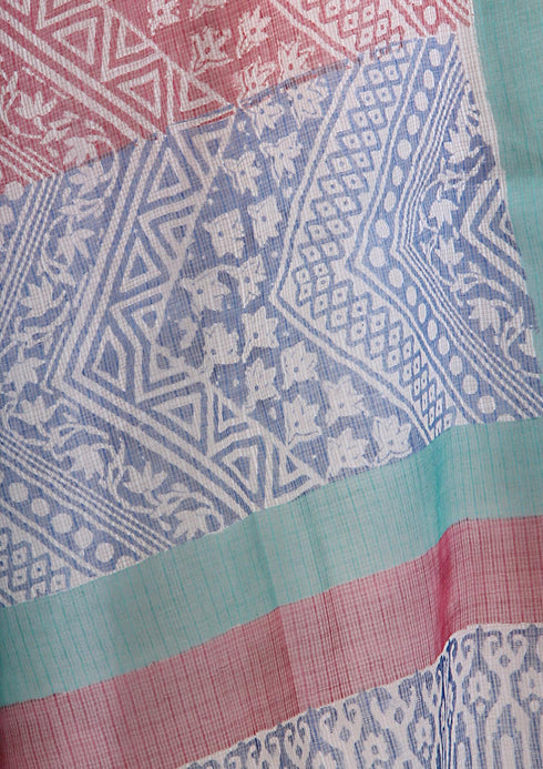 Kota Doria Dupatta in Beetroot Red and Sapphire Blue Graphic Block Print